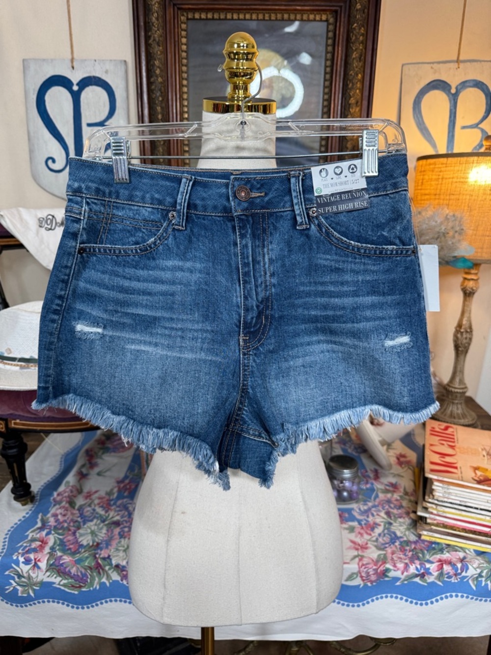 Rewash Dark Indigo Distressed High-Rise Denim Shorts - Picture 1 of 5